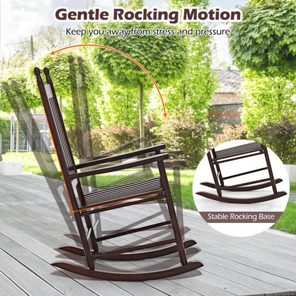 High-Back Acacia Wood Outdoor Rocking Chair with Solid Rocking Base-Brown - Brown - Patio Rocking Chairs & Gliders