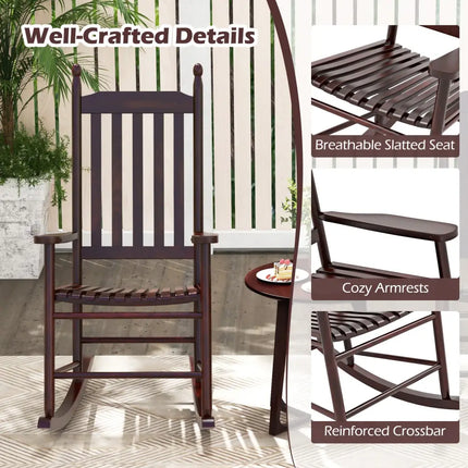 High-Back Acacia Wood Outdoor Rocking Chair with Solid Rocking Base-Brown - Brown - Patio Rocking Chairs & Gliders