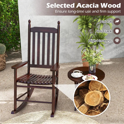 High-Back Acacia Wood Outdoor Rocking Chair with Solid Rocking Base-Brown - Brown - Patio Rocking Chairs & Gliders