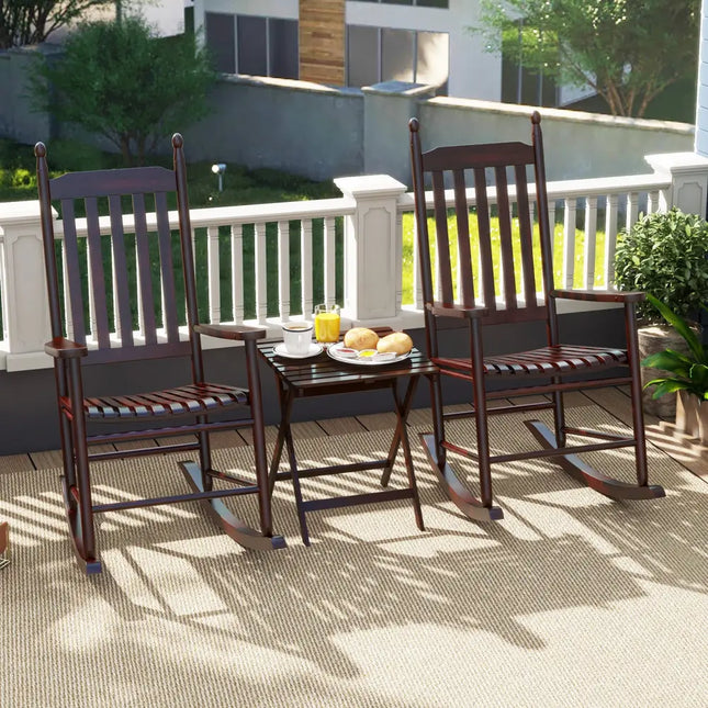 High-Back Acacia Wood Outdoor Rocking Chair with Solid Rocking Base-Brown - Brown - Patio Rocking Chairs & Gliders