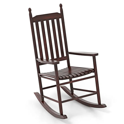 High-Back Acacia Wood Outdoor Rocking Chair with Solid Rocking Base-Brown - Brown - Patio Rocking Chairs & Gliders