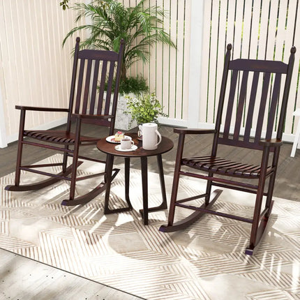 High-Back Acacia Wood Outdoor Rocking Chair with Solid Rocking Base-Brown - Brown - Patio Rocking Chairs & Gliders