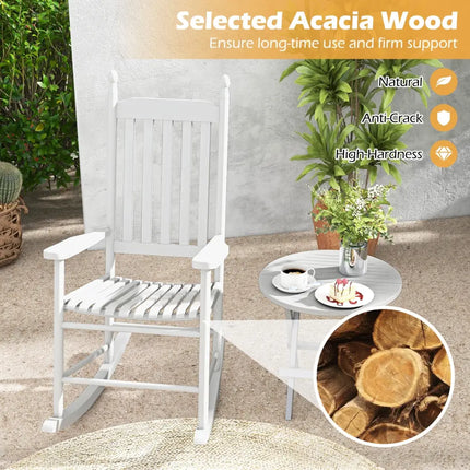 High-Back Acacia Wood Outdoor Rocking Chair with Solid Rocking Base-White - White - Patio Rocking Chairs & Gliders
