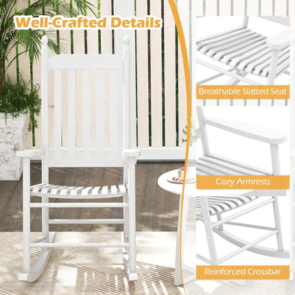 High-Back Acacia Wood Outdoor Rocking Chair with Solid Rocking Base-White - White - Patio Rocking Chairs & Gliders