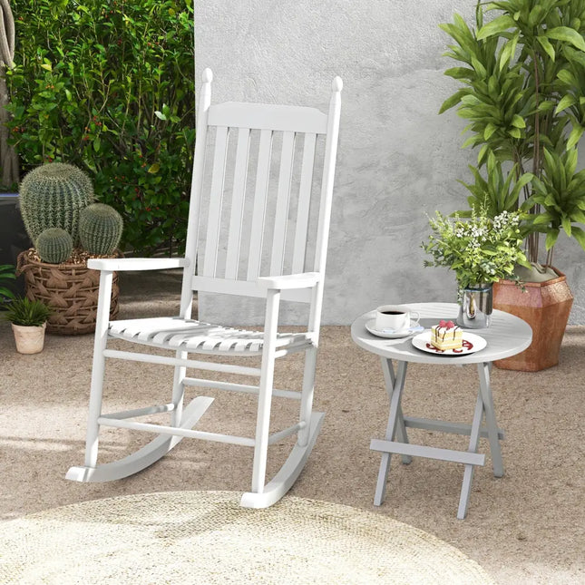 High-Back Acacia Wood Outdoor Rocking Chair with Solid Rocking Base-White - White - Patio Rocking Chairs & Gliders