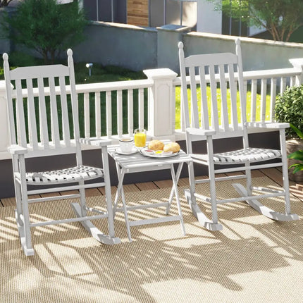 High-Back Acacia Wood Outdoor Rocking Chair with Solid Rocking Base-White - White - Patio Rocking Chairs & Gliders