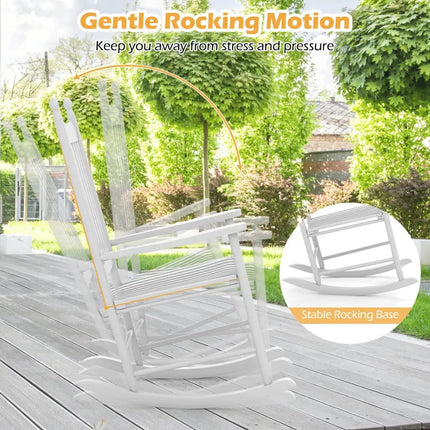 High-Back Acacia Wood Outdoor Rocking Chair with Solid Rocking Base-White - White - Patio Rocking Chairs & Gliders