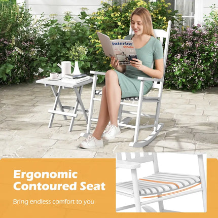 High-Back Acacia Wood Outdoor Rocking Chair with Solid Rocking Base-White - White - Patio Rocking Chairs & Gliders