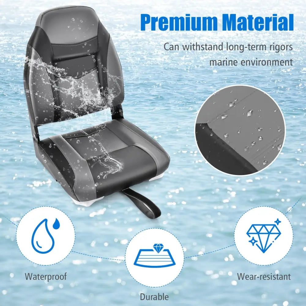 High Back Folding Boat Seats with Black Grey Sponge Cushion and Flexible Hinges-Set of 2 - Black - Water Sports