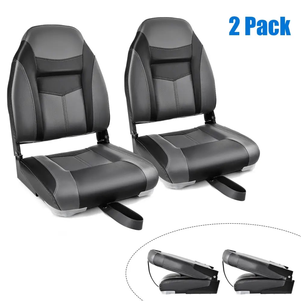 High Back Folding Boat Seats with Black Grey Sponge Cushion and Flexible Hinges-Set of 2 - Black - Water Sports