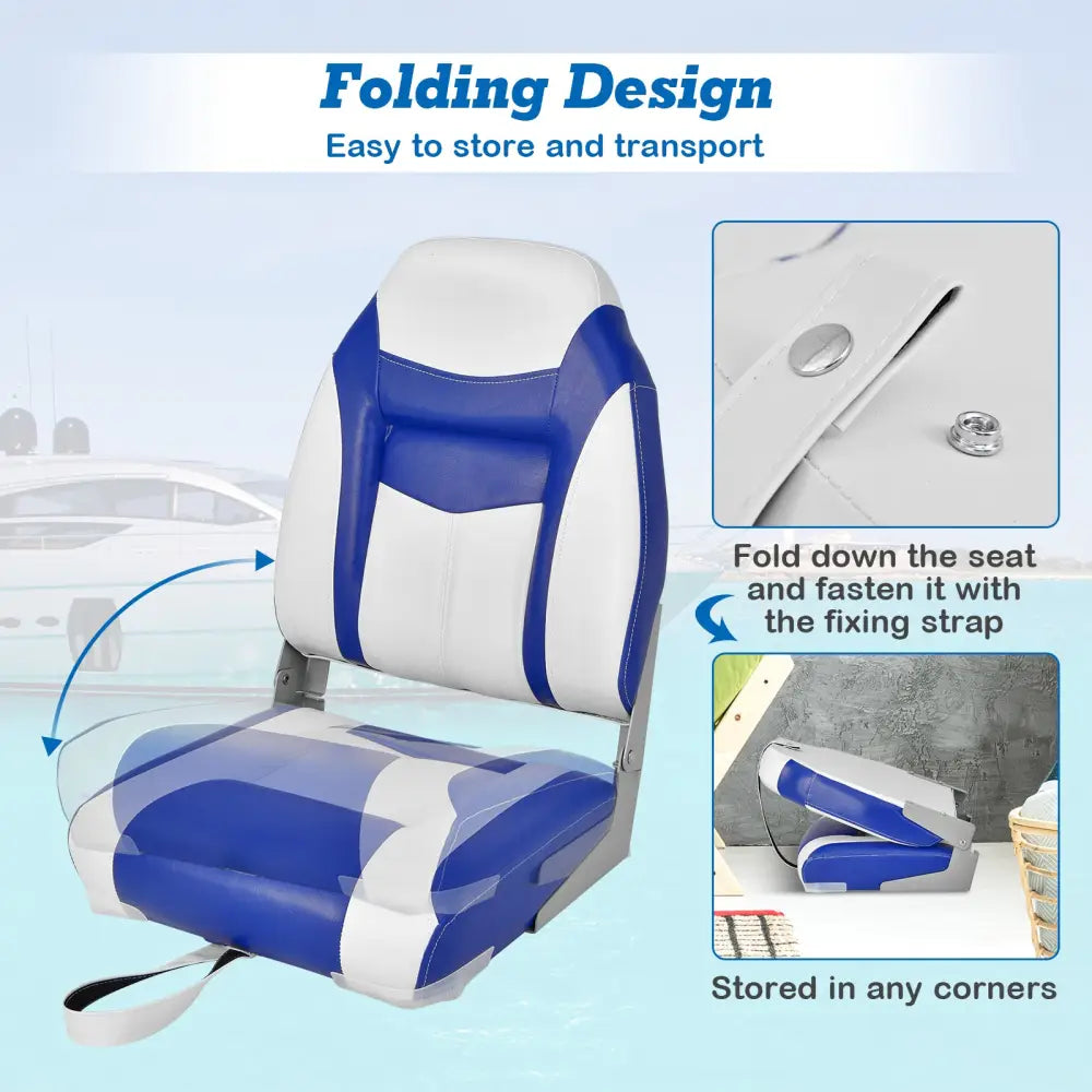 High Back Folding Boat Seats with Blue White Sponge Cushion and Flexible Hinges-Blue - Blue - Swimming