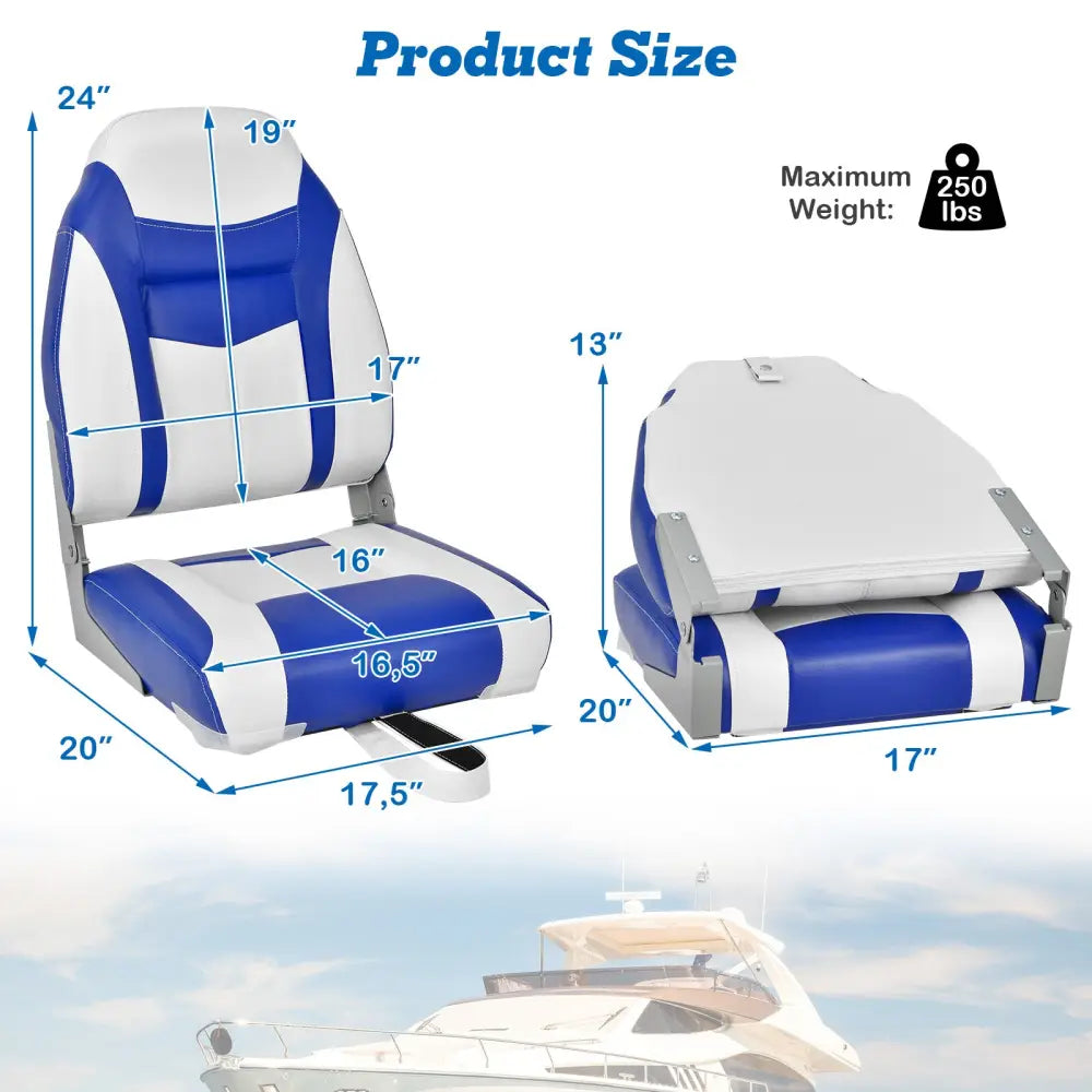 High Back Folding Boat Seats with Blue White Sponge Cushion and Flexible Hinges-Blue - Blue - Swimming