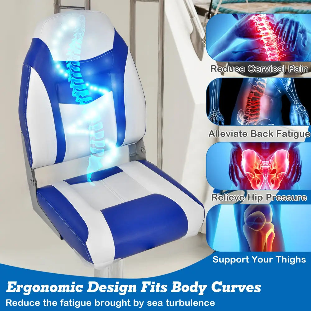 High Back Folding Boat Seats with Blue White Sponge Cushion and Flexible Hinges-Blue - Blue - Swimming