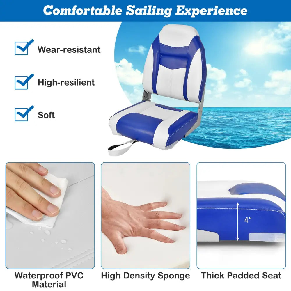 High Back Folding Boat Seats with Blue White Sponge Cushion and Flexible Hinges-Blue - Blue - Swimming