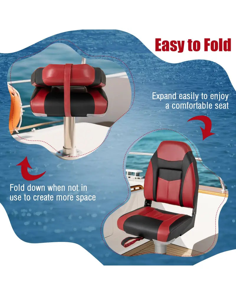 High Back Folding Boat Seats with Sponge Cushions and Flexible Hinges - Red - Swimming
