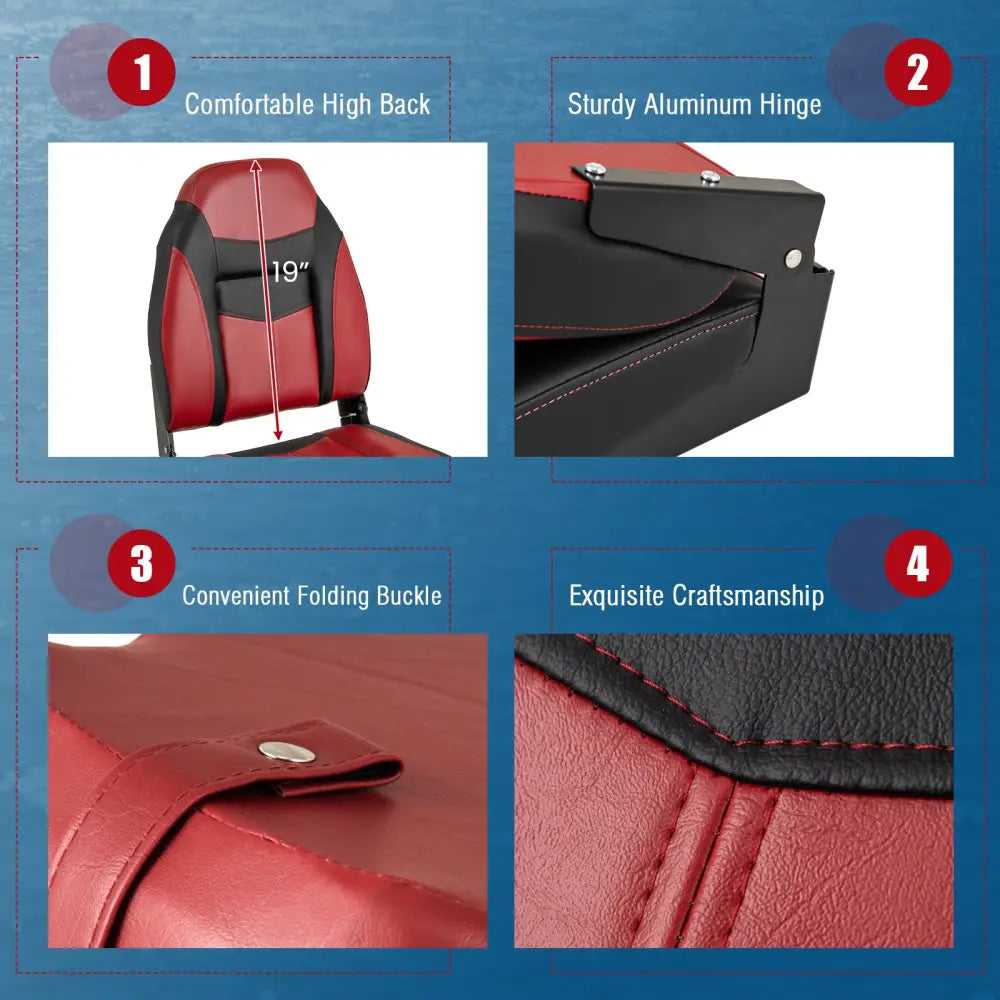 High Back Folding Boat Seats with Sponge Cushions and Flexible Hinges - Red - Swimming