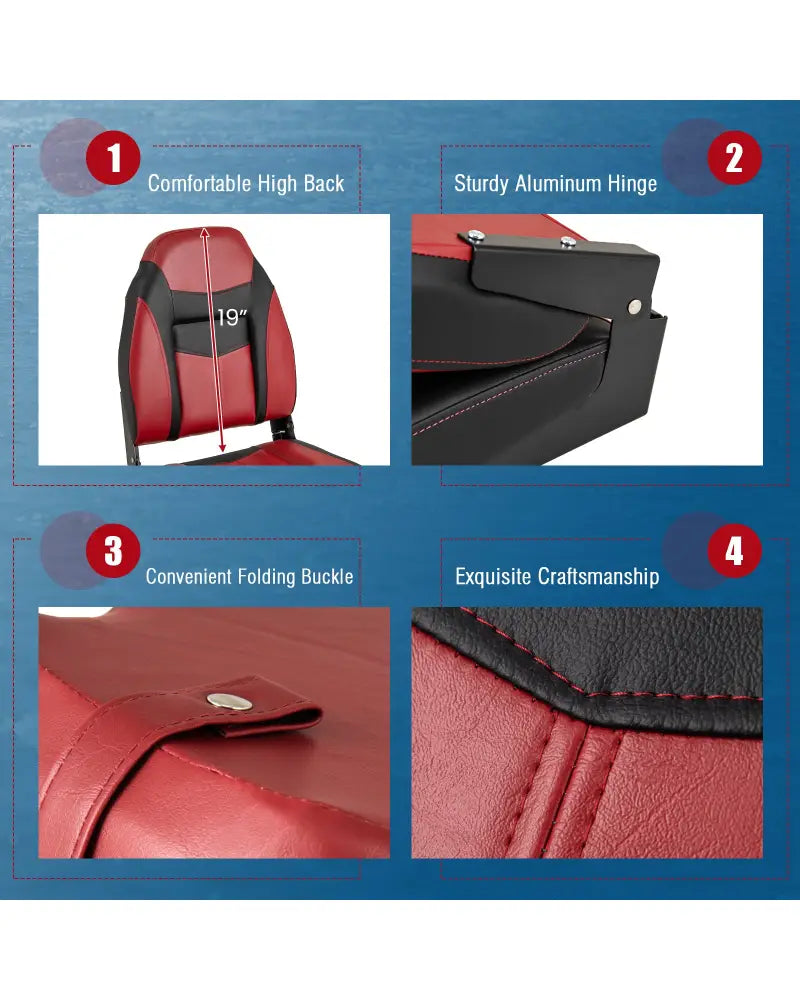 High Back Folding Boat Seats with Sponge Cushions and Flexible Hinges - Red - Swimming