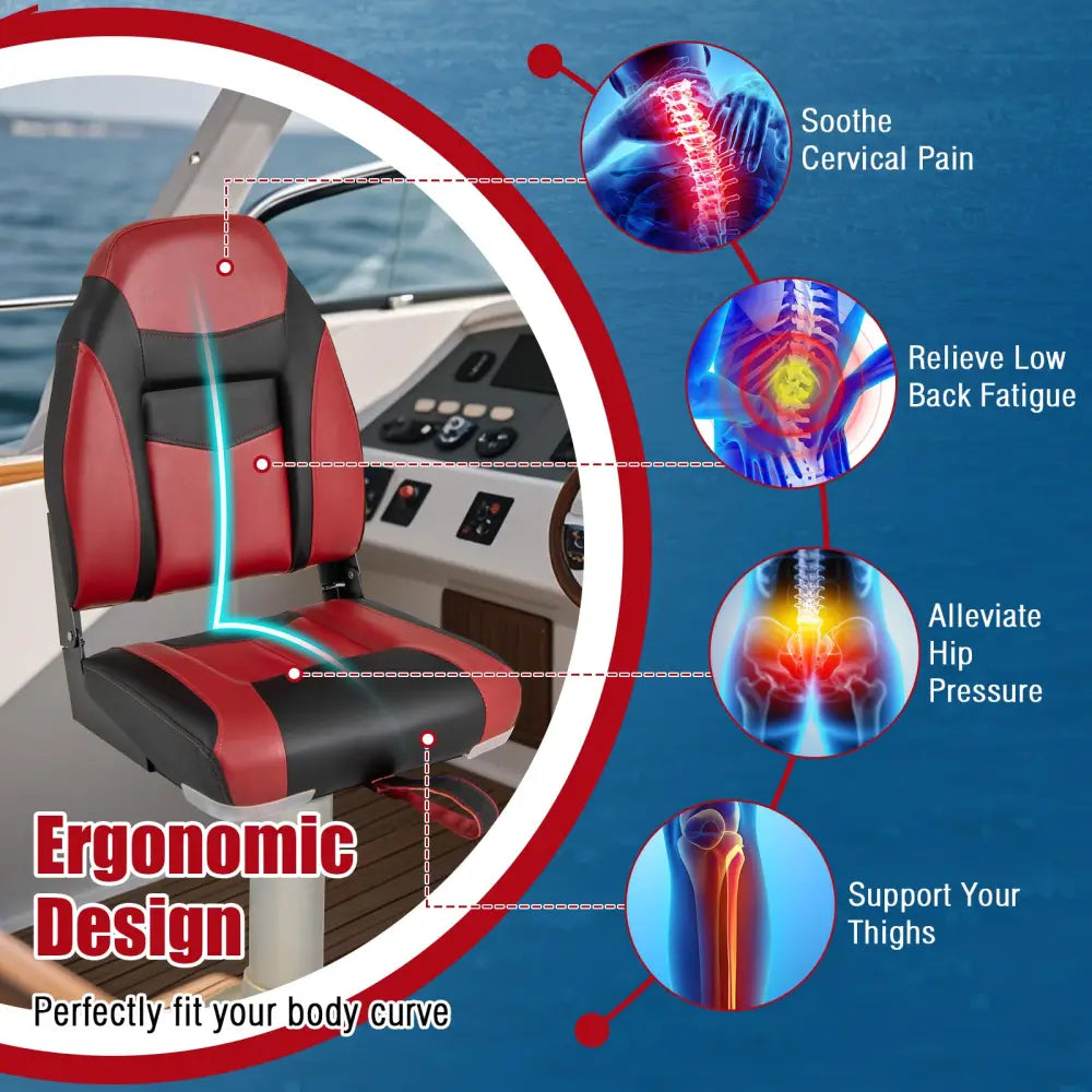 High Back Folding Boat Seats with Sponge Cushions and Flexible Hinges - Red - Swimming