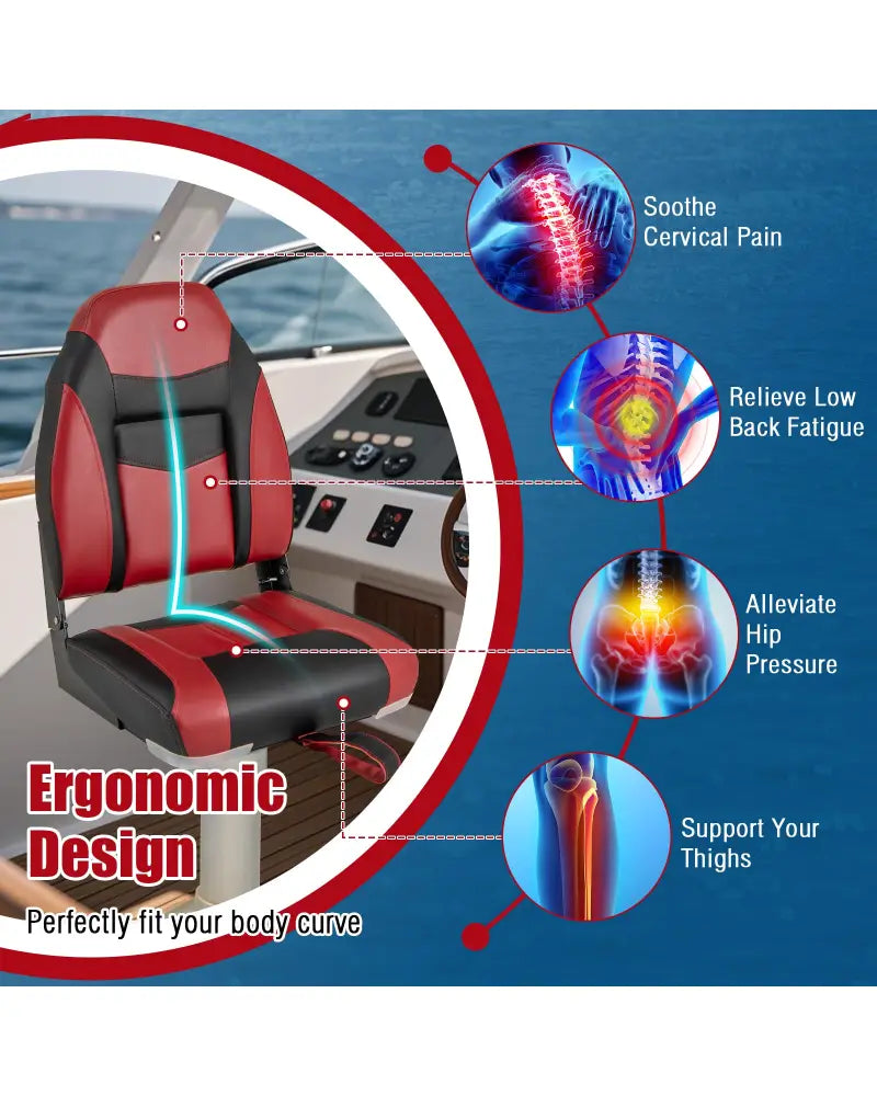 High Back Folding Boat Seats with Sponge Cushions and Flexible Hinges - Red - Swimming