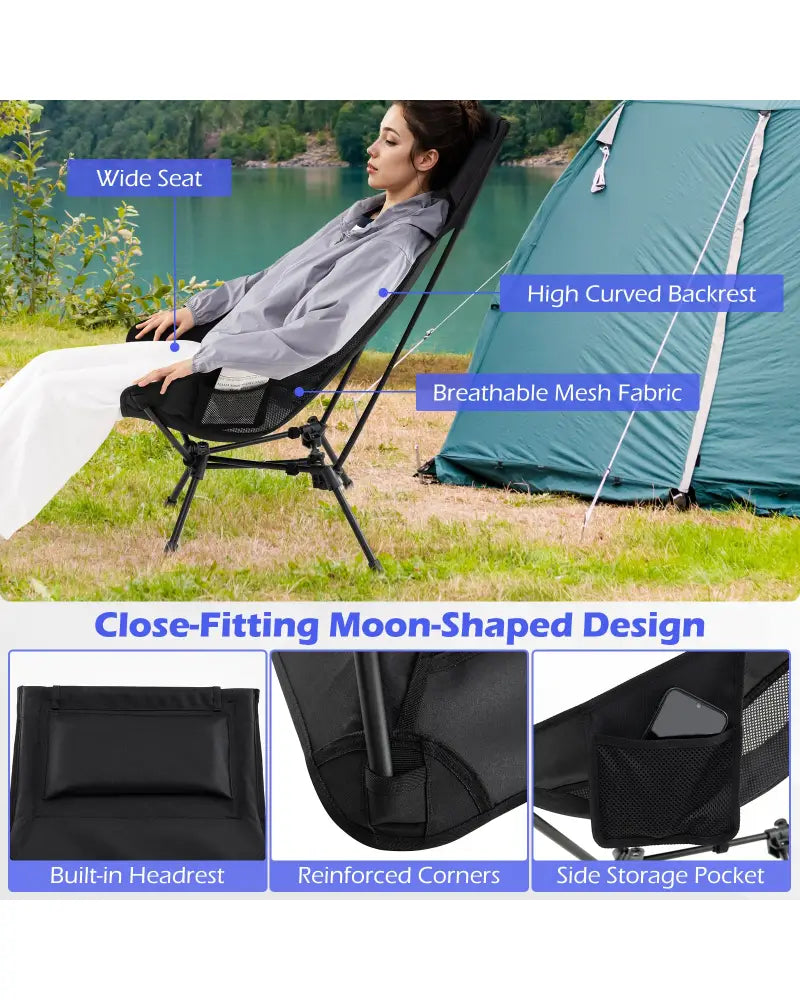 High Back Portable Camping Chair with Compact Carry Bag and Pillow-Black - Black - Camping Furniture