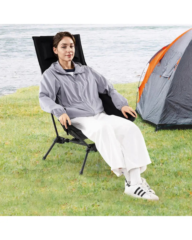 High Back Portable Camping Chair with Compact Carry Bag and Pillow-Black - Black - Camping Furniture