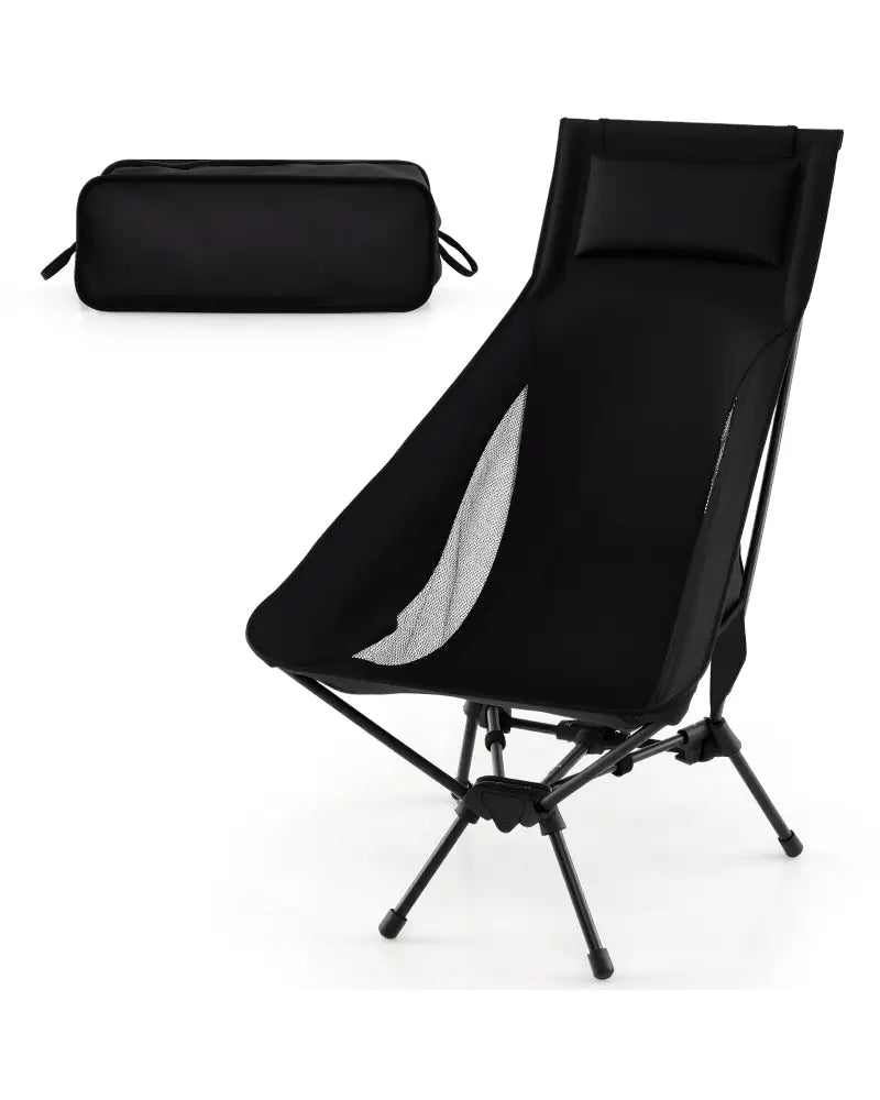 High Back Portable Camping Chair with Compact Carry Bag and Pillow-Black - Black - Camping Furniture