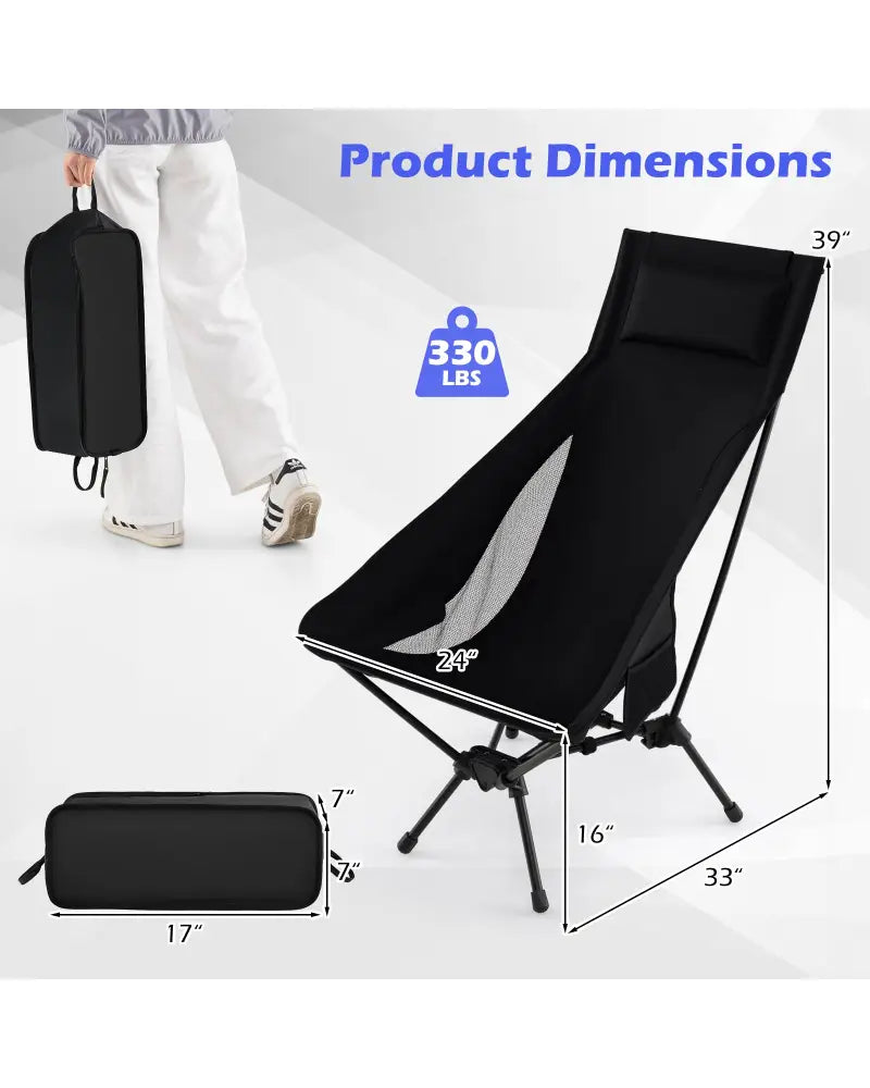 High Back Portable Camping Chair with Compact Carry Bag and Pillow-Black - Black - Camping Furniture