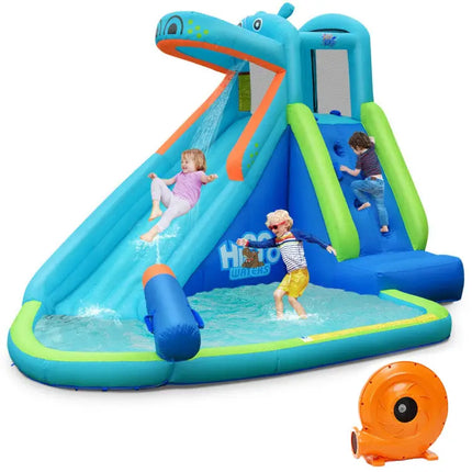 Hippo Inflatable Water Slide Bounce House with 740W Blower - Blue - Inflatable Water Slides