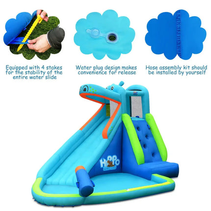 Hippo Inflatable Water Slide Bounce House with 740W Blower - Blue - Inflatable Water Slides