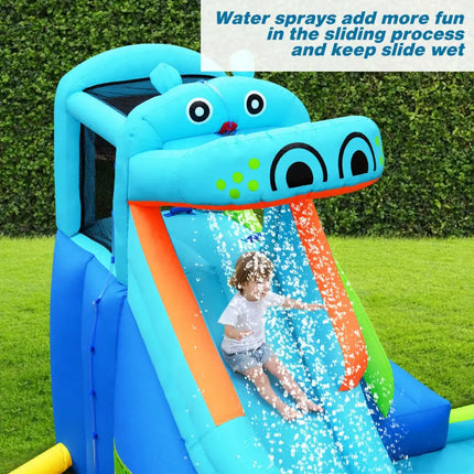Hippo Inflatable Water Slide Bounce House with 740W Blower - Blue - Inflatable Water Slides
