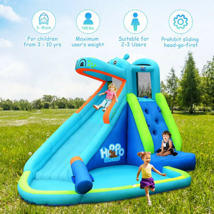 Hippo Inflatable Water Slide Bounce House with 740W Blower - Blue - Inflatable Water Slides