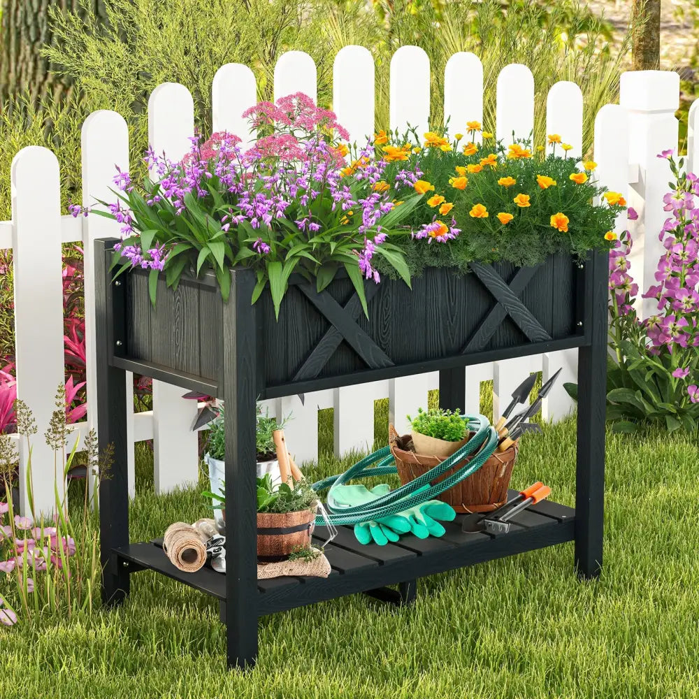 HIPS Raised Garden Bed Poly Wood Elevated Planter Box-Black - Black - Raised Garden Beds