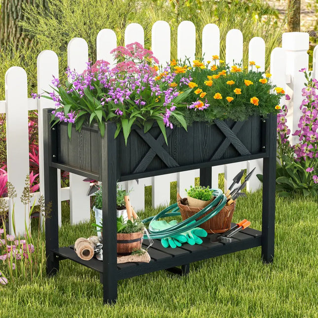 HIPS Raised Garden Bed Poly Wood Elevated Planter Box-Black - Black - Raised Garden Beds
