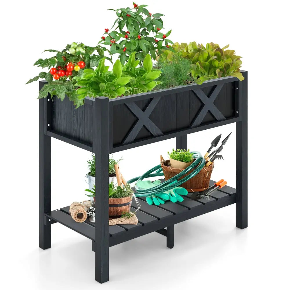 HIPS Raised Garden Bed Poly Wood Elevated Planter Box-Black - Black - Raised Garden Beds