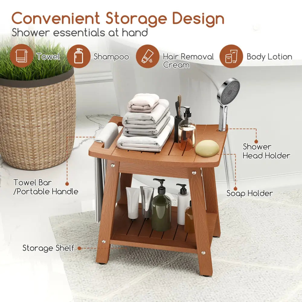 HIPS Shower Bench Seat with Handle Shower Head-Brown - Brown - Bath Safety