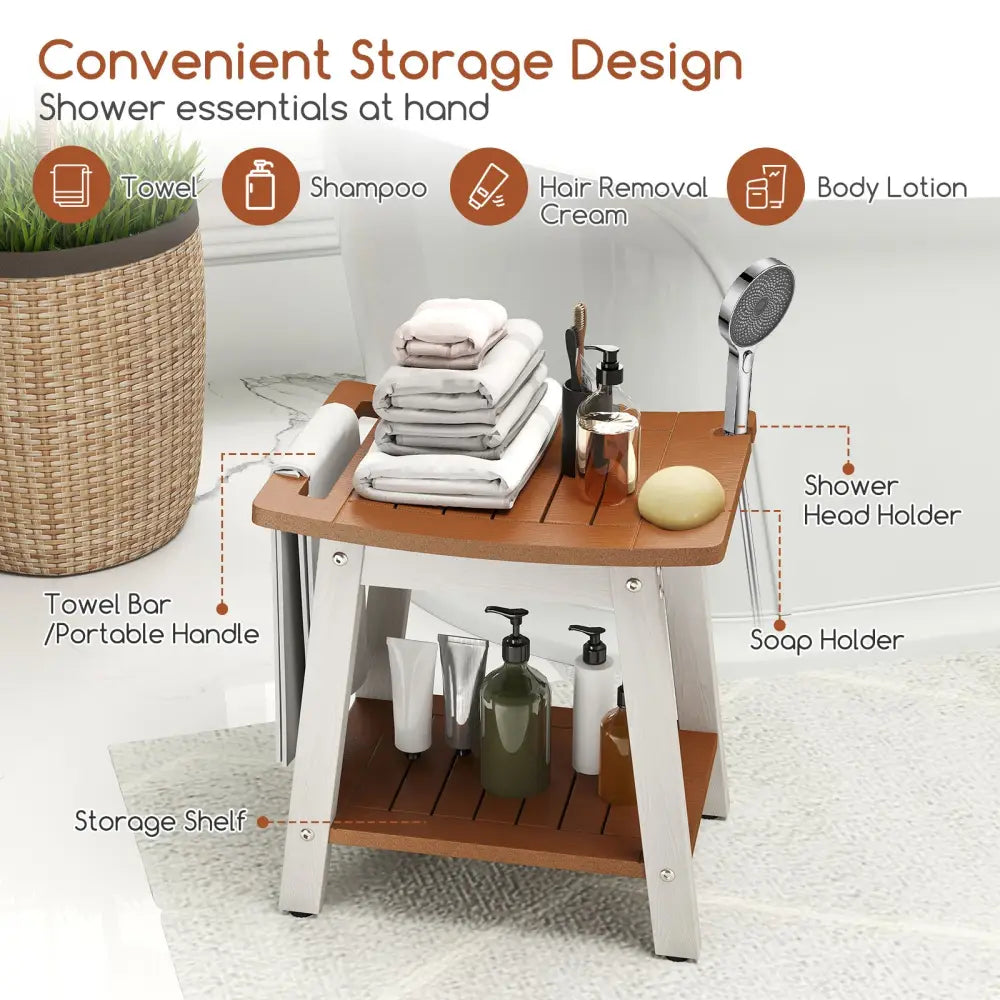HIPS Shower Bench Seat with Handle Shower Head-Brown&White - Brown & White - Bath Safety