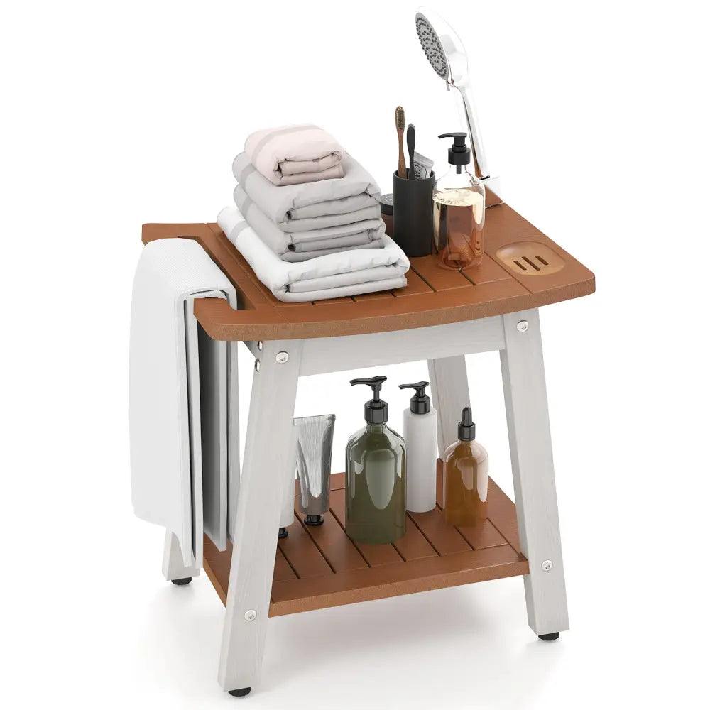 HIPS Shower Bench Seat with Handle Shower Head-Brown&White - Brown & White - Bath Safety