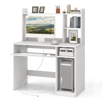 Home Office Computer Desk with Bookcase Keyboard Tray and CPU Stand-White - White - Computer Desks