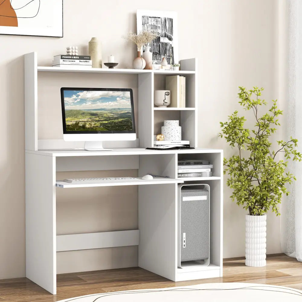 Home Office Computer Desk with Bookcase Keyboard Tray and CPU Stand-White - White - Computer Desks