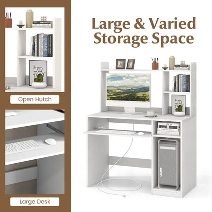 Home Office Computer Desk with Bookcase Keyboard Tray and CPU Stand-White - White - Computer Desks