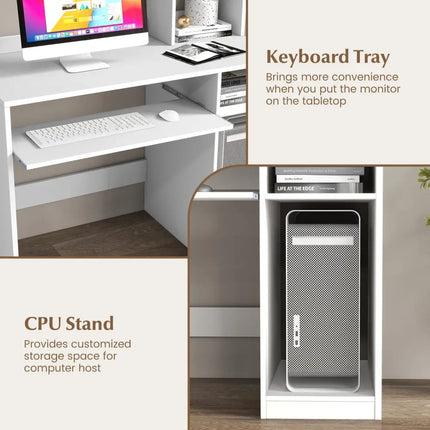Home Office Computer Desk with Bookcase Keyboard Tray and CPU Stand-White - White - Computer Desks