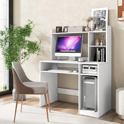 Home Office Computer Desk with Bookcase Keyboard Tray and CPU Stand-White - White - Computer Desks