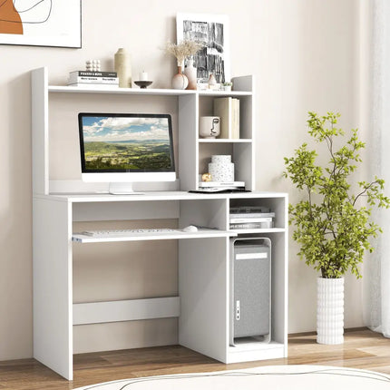 Home Office Computer Desk with Bookcase Keyboard Tray and CPU Stand-White - White - Computer Desks