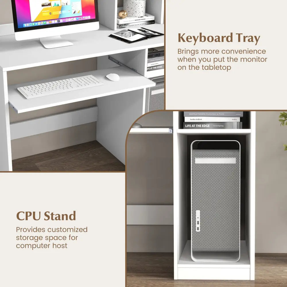 Home Office Computer Desk with Bookcase Keyboard Tray and CPU Stand-White - White - Computer Desks
