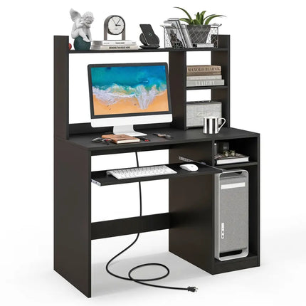 Home Office Computer Desk with Keyboard Tray and CPU Stand-Black - Black - Computer Desks
