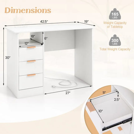 Home Office Desk with Power Outlet 3 Storage Drawers and Open Compartment-White - White - Computer Desks