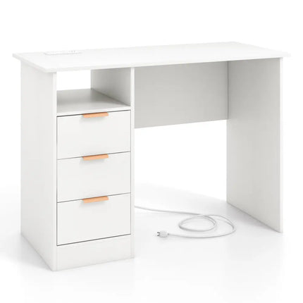 Home Office Desk with Power Outlet 3 Storage Drawers and Open Compartment-White - White - Computer Desks