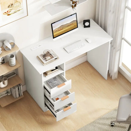 Home Office Desk with Power Outlet 3 Storage Drawers and Open Compartment-White - White - Computer Desks
