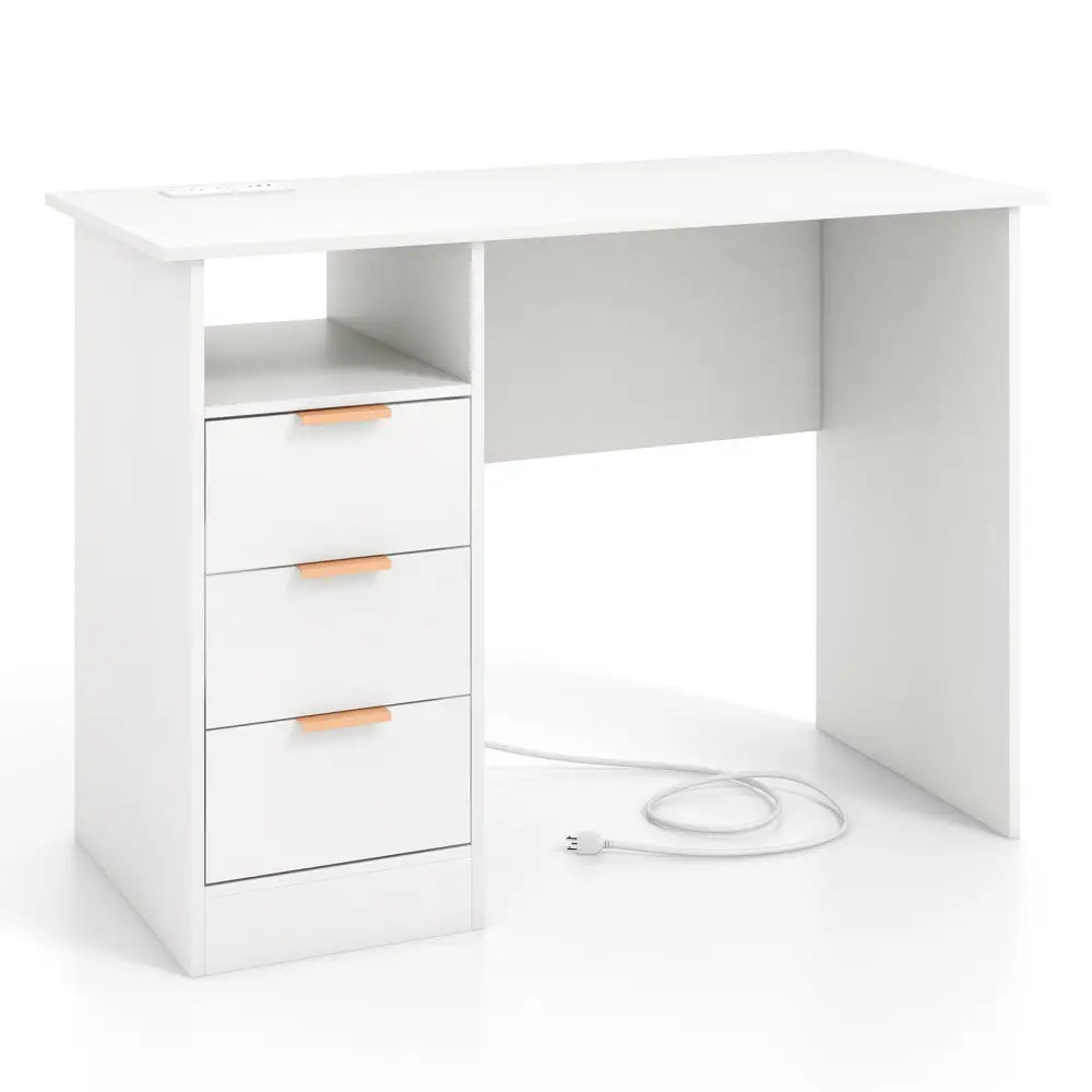 Home Office Desk with Power Outlet 3 Storage Drawers and Open Compartment-White - White - Computer Desks