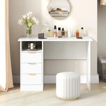 Home Office Desk with Power Outlet 3 Storage Drawers and Open Compartment-White - White - Computer Desks